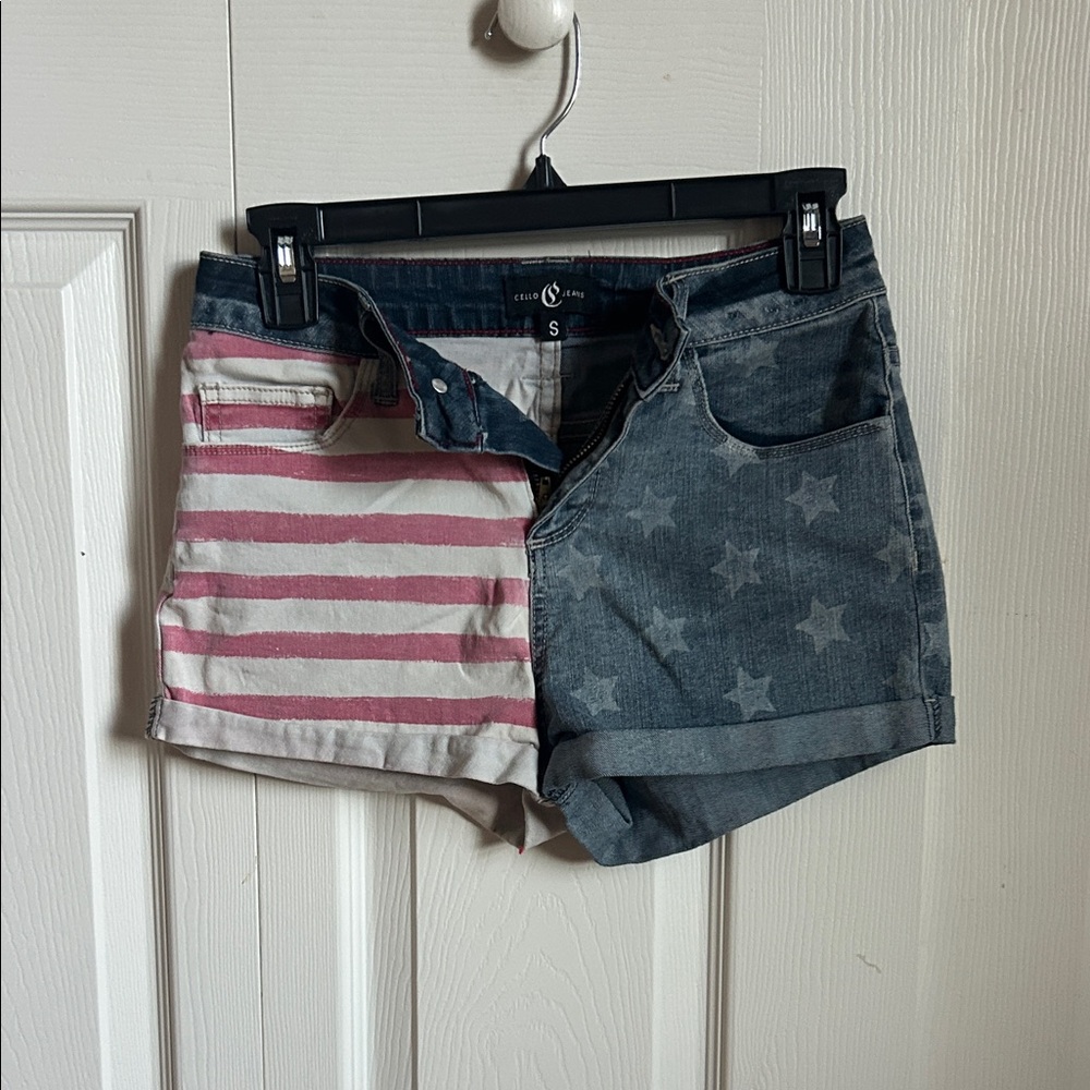 Cello Patchwork Pink-Striped and Washed-Blue Star Denim Shorts